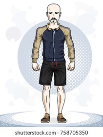 Handsome bald young man standing. Vector illustration of sportsman with beard and whiskers.  Active and healthy lifestyle theme cartoon.