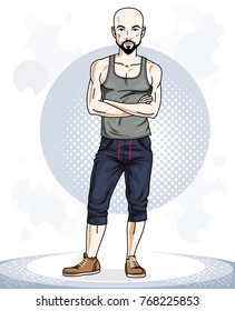 Handsome bald young man standing. Vector illustration of sportsman with beard and whiskers.  Active and healthy lifestyle theme cartoon.
