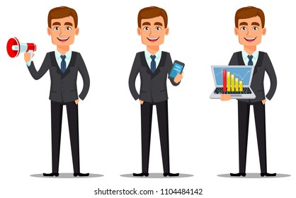 Handsome banker in business suit, set. Business man, manager, office worker. Cheerful cartoon character holding loudspeaker, holding smartphone and holding laptop. Vector illustration