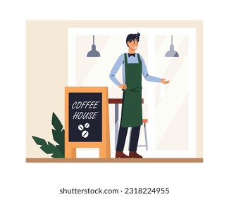 Handsome barista, standing outside near coffee shop and inviting clients. Professional barista occupation. Coffee shop workers. Small business owners. Vector flat illustration