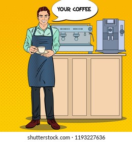 Handsome Bartender with Cup of Coffee in Cafe. Pop Art retro vector illustration