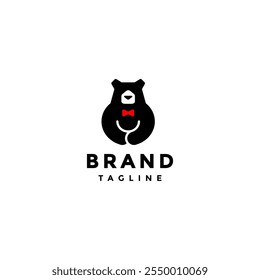 Handsome Bear Neatly Tie Logo Design. Cute Bear Wearing Bow Tie Logo Design.