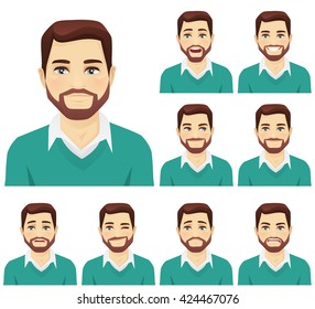 Hombre guapo de barba con diferentes expresiones faciales aisladas