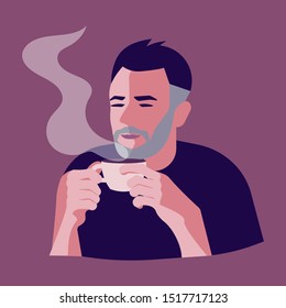 Handsome bearded brunette man with Cup of coffee. A hot beverage Concept for Restaurants and coffee shops. Flat Art Vector illustration