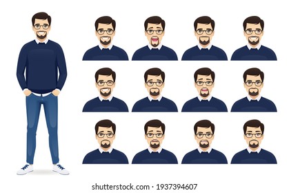 Handsome bearded business man with different facial expressions set vector illustration isolated