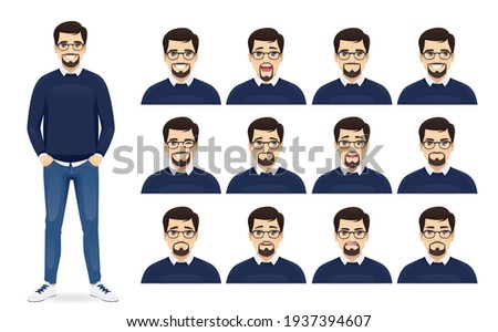 Handsome bearded business man with different facial expressions set vector illustration isolated