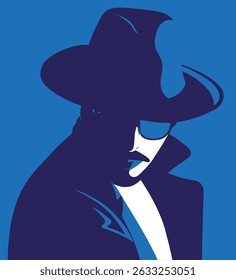 Bonito homem barbudo elegante vestindo casaco, chapéu e óculos escuros, retrato vetorial