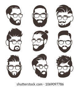 Handsome bearded hipster man faces with mustache and modern male hairstyle vector avatars isolated. Face with beard and mustache, gentleman silhouette character illustration