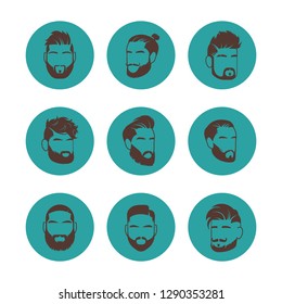 Handsome bearded hipster man faces with mustache and modern male hairstyle vector icons set