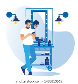 Handsome Bearded Hipster Man Wearing White T-shirt Stand at Big Mirror with Haircutting Tools in Barbershop Reading Messages on Mobile Phone, Customer in Barber Shop. Cartoon Flat Vector Illustration