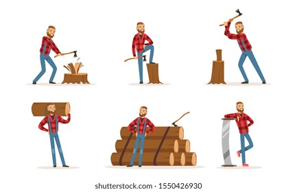 Handsome Bearded Lumberjack In Plaid Shirt At Work Vector Illustration Set Isolated On White Background