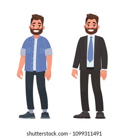 Handsome bearded man in casual and business clothes. Person dressed in a shirt and jeans and a strict suit. Vector illustration in cartoon style