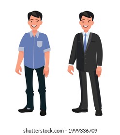 Handsome bearded man in casual and business clothes. Person dressed in a shirt and jeans and a strict suit. Vector illustration in cartoon style