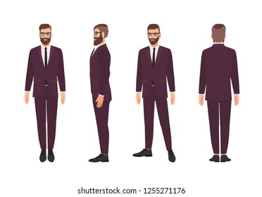 Handsome bearded man or clerk dressed in elegant business suit. Smiling male cartoon character isolated on white background. Front, side and back views. Colored vector illustration in flat style.