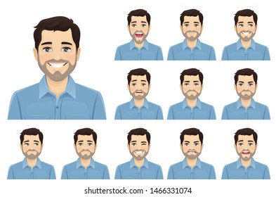 Handsome bearded man with different facial expressions set vector illustration isolated