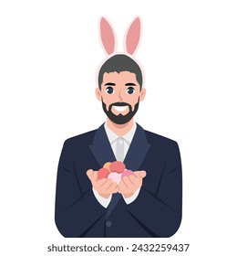 Handsome bearded man with an easter bunny hat holding easter eggs. Flat vector illustration isolated on white background