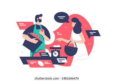 Handsome bearded man employee in farmers market. Isolated concept male worker with woman customer character buying fruits and talking using speech cloud. Vector illustration.