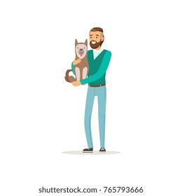 Handsome bearded man holding cute dog on hands. Cartoon male character with happy face expression in casual clothes. Human s best friends. Flat vector design