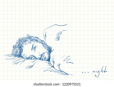 Handsome bearded man laying in bed with sleepy open eyes, Blue pen sketch on square grid notebook page, Hand drawn vector illustration with cross hatching