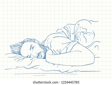 Handsome bearded man laying in bed with sleepy open eyes, Blue pen sketch on square grid notebook page, Hand drawn vector illustration