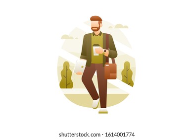 A handsome bearded man walks while holding a coffee cup. Minimalist living background illustration concept.