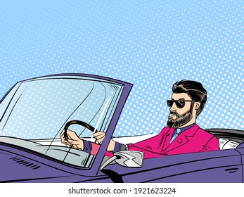 Handsome bearded man wearing sunglasses driving purple cabriolet. Pop art comics retro design vector illustration.
