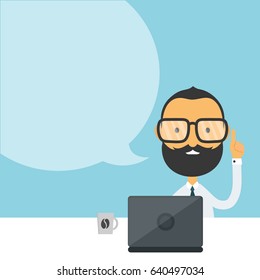 Handsome bearded young hipster businessman  holding up his finger sitting at the table and using laptop computer with speech bubble. vector flat cartoon man character illustration modern icon design
