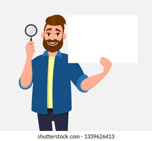 Handsome bearded young man showing/holding magnifying glass and blank/empty poster, paper or sheet in hand. Search, find, discovery, analyze, inspect, investigation concept illustration in cartoon.