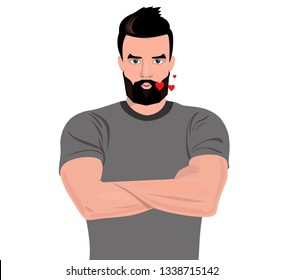 Handsome bearded young man in a T-shirt sends a kiss, folded hands on his chest.