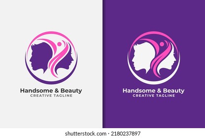 Handsome and Beauty Creative Logo Design with Two People Head and Active Healthy Silhouette Combination.