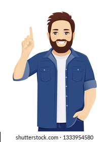 Handsome big man in casual clothes pointing up isolated vector illustration