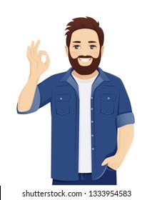 Handsome big man in casual clothes gesturing ok sign isolated vector illustration