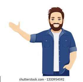 Handsome big man in casual clothes presenting something isolated vector illustration