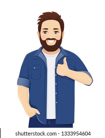 Handsome big man in casual clothes showing thumb up isolated vector illustration