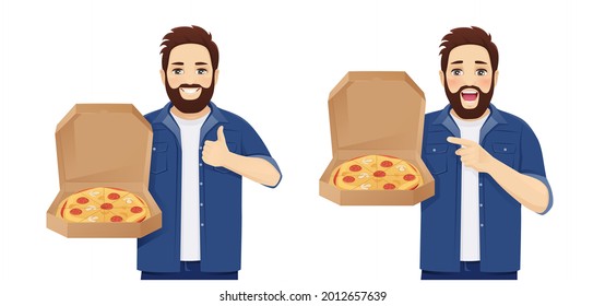 Handsome big man in casual clothes standing showing thumb up holding open pizza box isolated vector illustration