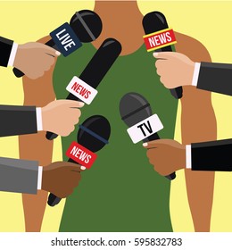 handsome black or brown sportsman vector answering questions during the press conference with many forms of microphones illustration. model male or man Speak into the mic or mike in live in the media