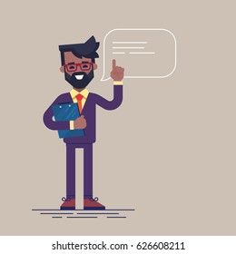 Handsome black businessman with beard and glasses raising up his finger to give advice or recommendation. Cute man speaking with speech bubble and holding clipboard. Colorful flat vector illustration.