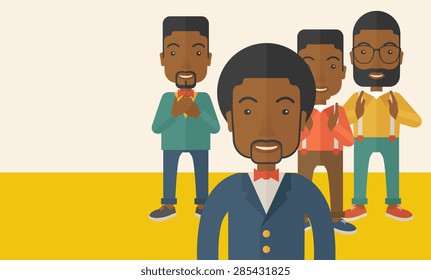 A handsome black businessmen happy standing showing for their successful in life. . A Contemporary style with pastel palette, soft beige tinted background. Vector flat design illustration. Horizontal