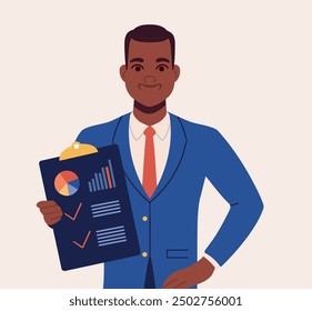 A handsome black guy wearing blue jacket holding his clipboard with paper where he wrote his report happily presenting his marketing plan. Marketing strategy concept. A Contemporary style with pastel