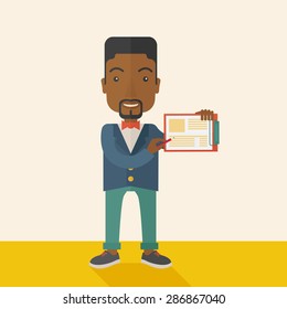 A handsome black guy wearing blue jacket holding his clipboard with paper where he wrote his report happily presenting his marketing plan. Marketing strategy concept. A Contemporary style with pastel