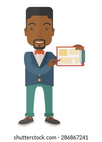 A handsome black guy wearing blue jacket holding his clipboard with paper where he wrote his report happily presenting his marketing plan. Marketing strategy concept. A Contemporary style. Vector flat