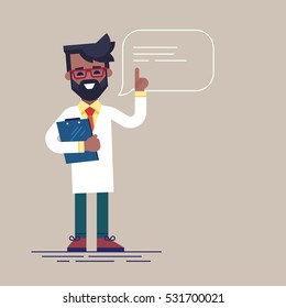 Handsome black male doctor with beard and glasses raising up his finger to give advice or recommendation. Cute physician speaking with speech bubble and holding clipboard. Vector.