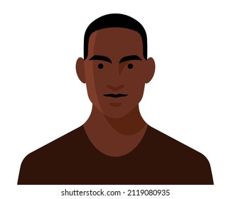 Handsome black man. Front view portrait of young man. Cheerful face, short black hair, abstract unrecognizable person. Male profile, head and shoulder. Modern illustration