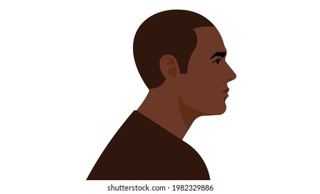 Handsome Black Man. Side View Portrait Of Young Man. Dark Skin, Short Black Hair, Realistic Facial Silhouette. Male Profile, Head And Shoulder, Calm Expression Of Face. Modern Illustration