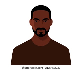 Handsome black man. Young man, front view portrait. Cheerful face, short black hair, beard. Male head and shoulders, casual clothes. Modern vector illustration for poster, banner, design.