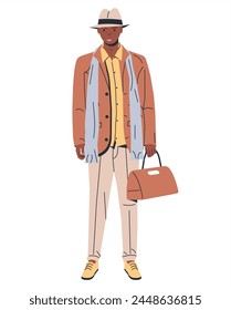 Handsome Black Skinned Man in Casual Clothes. Elegant Afro American Man. Guy with Bag. Businessman wearing Jacket, Shirt, Trousers, Scarf, Hat. Stylish People Concept. Cartoon Flat Vector Illustration