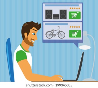 Handsome blackhair man sitting at home and doing shopping online