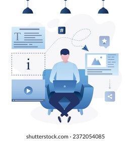 Handsome blogger works on laptop. Male journalist create content for blog. Online blogging, copywriting concept. Application or web pages with various media content. Flat design, vector illustration