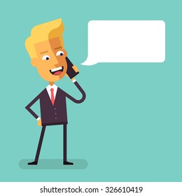 Handsome blond businessman in formal suit talking on a phone. Successful happy scandinavian manager talking on cell phone. Vector stock illustration in flat style.