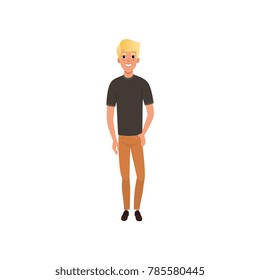 Handsome blond guy posing isolated on white. Cartoon character of young man wearing black t-shirt and orange jeans. Full-length portrait. Flat vector design